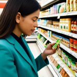 **

A professional woman, fully clothed in modest business attire, carefully examining an eco-label on a product in a brightly lit supermarket aisle. Shelves are stocked with various grocery items. Focus on the product and her discerning expression. Safe for work, appropriate content, perfect anatomy, well-formed hands, professional, family-friendly.

**